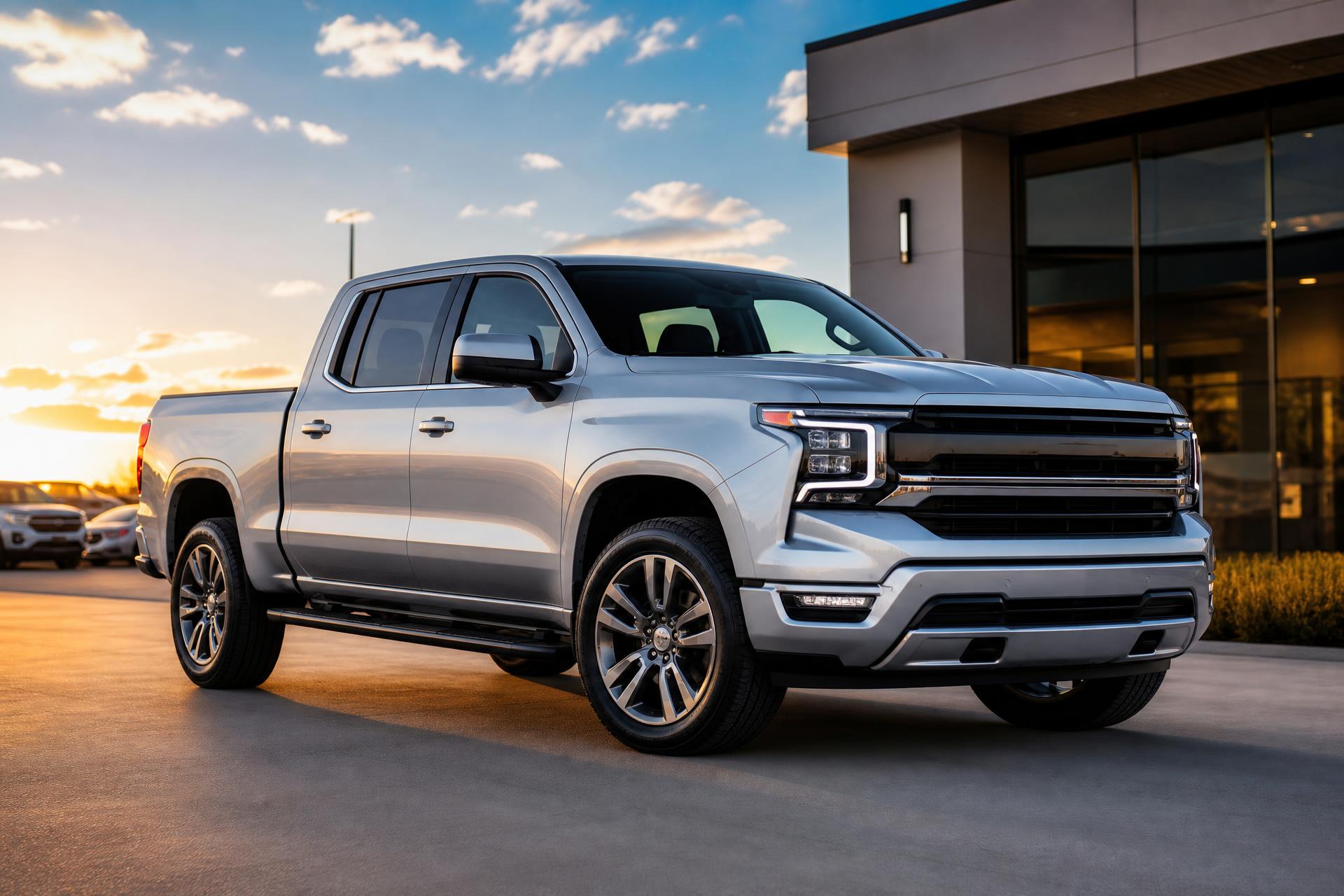 Silver pickup truck on a clean dealership lot at dusk